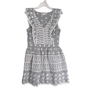Willow & Clay Embroidered Floral Eyelet Lace Striped Mini Dress Sz 10 Drop Waist